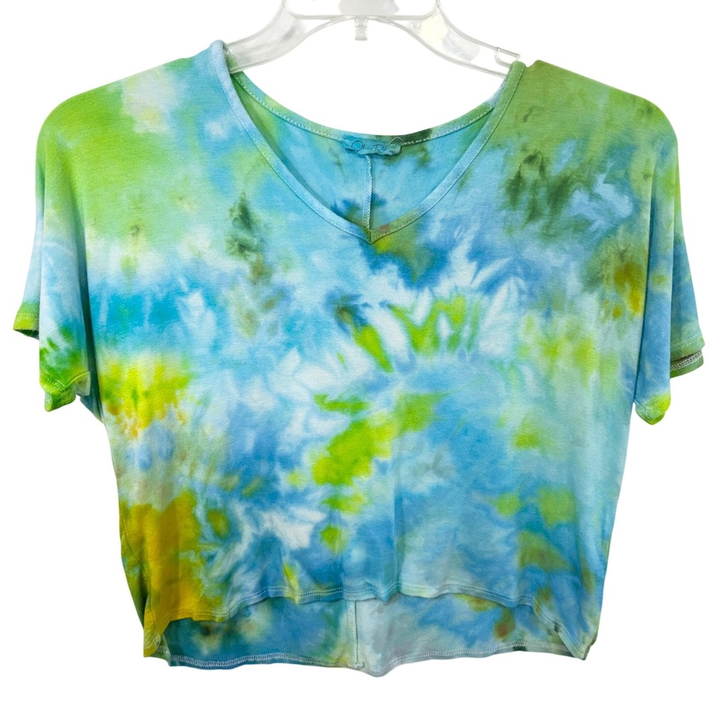 Olivia Rae Medium Crop Top Handmade Tie Dye Blue Green Boxy Short Sleeve Tee 555